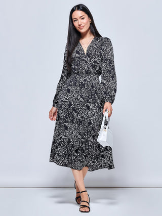 Crepe Wrap Long Sleeve Midi Dress, Black Spot