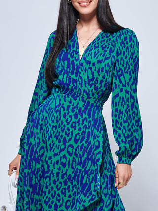 Crepe Wrap Long Sleeve Midi Dress, Green Animal