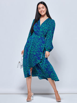 Crepe Wrap Long Sleeve Midi Dress, Green Animal Jolie Moi Retail Crepe Wrap Long Sleeve Midi Dress, Green Animal Jolie Moi Retail