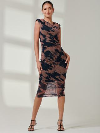 Mesh Shoulder Pad Bodycon Midi Dress, Brown Abstract