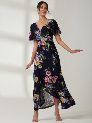 Frill Dip Hem Mesh Maxi Dress, Navy Floral Jolie Moi Retail Frill Dip Hem Mesh Maxi Dress, Navy Floral Jolie Moi Retail