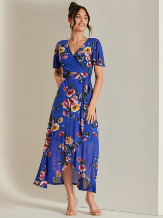 Frill Dip Hem Mesh Maxi Dress, Royal Floral Jolie Moi Retail Frill Dip Hem Mesh Maxi Dress, Royal Floral Jolie Moi Retail