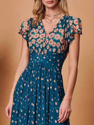 Carlii Symmetrical Print Mesh Maxi Dress, Teal Floral