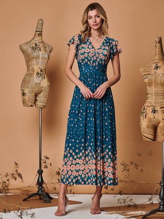 Carlii Symmetrical Print Mesh Maxi Dress, Teal Floral