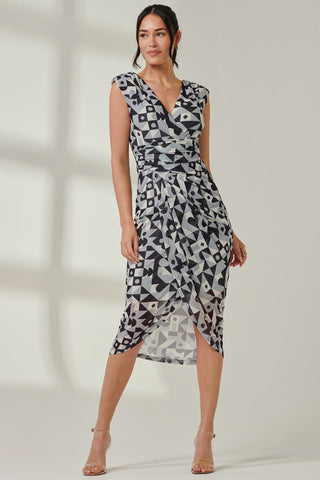 Abstract Ruched Bodycon Wrap Dress, Black Geo