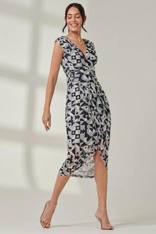 Abstract Ruched Bodycon Wrap Dress, Black Geo