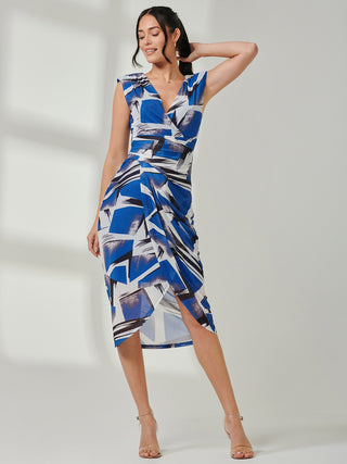 Mesh Wrap Ruched Bodycon Dress, Blue Abstract Jolie Moi Retail Mesh Wrap Ruched Bodycon Dress, Blue Abstract Jolie Moi Retail