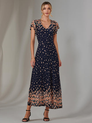 Gina Mirrored Print Mesh Maxi Dress, Navy Multi