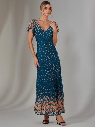 Gina Mirrored Print Mesh Maxi Dress, Teal Multi