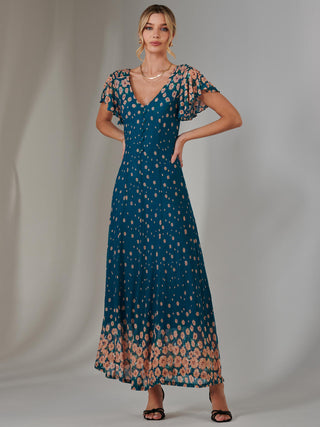 Gina Mirrored Print Mesh Maxi Dress, Teal Multi