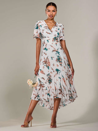 Angel Sleeve Pleated Chiffon Maxi Dress, Beige Floral Jolie Moi Retail Angel Sleeve Pleated Chiffon Maxi Dress, Beige Floral Jolie Moi Retail