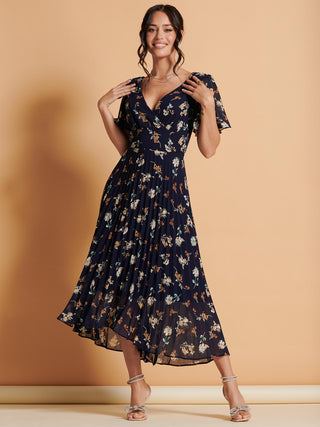 Angel Sleeve Pleated Chiffon Maxi Dress, Navy Floral