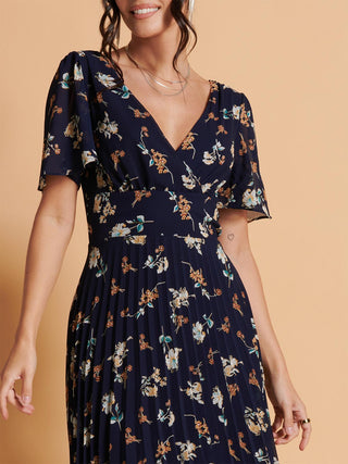 Angel Sleeve Pleated Chiffon Maxi Dress, Navy Floral