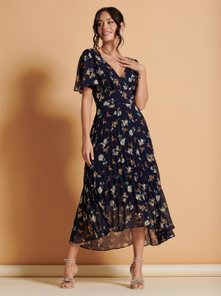 Angel Sleeve Pleated Chiffon Maxi Dress, Navy Floral