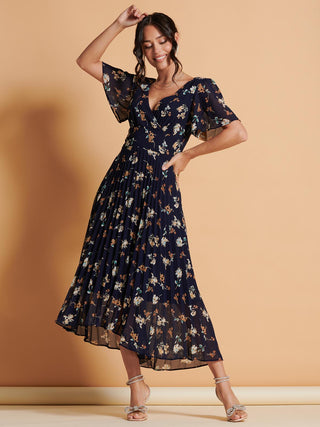 Angel Sleeve Pleated Chiffon Maxi Dress, Navy Floral Jolie Moi Retail Angel Sleeve Pleated Chiffon Maxi Dress, Navy Floral Jolie Moi Retail