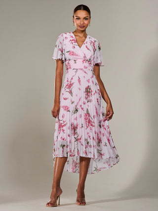 pink women's angel flowy dress Angel Sleeve Pleated Chiffon Maxi Dress, Pink Floral – Jolie Moi Retail