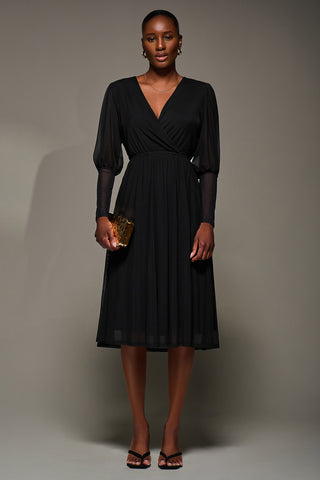 Mesh Long Puff Sleeve Wrap Midi Dress, Black