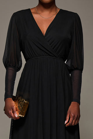 Mesh Long Puff Sleeve Wrap Midi Dress, Black