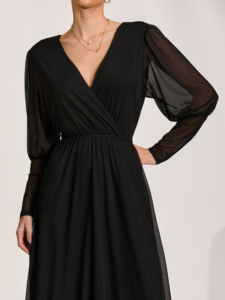 Mesh Long Puff Sleeve Wrap Midi Dress, Black
