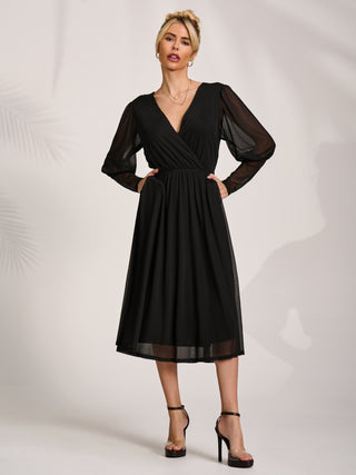 Mesh Long Puff Sleeve Wrap Midi Dress, Black