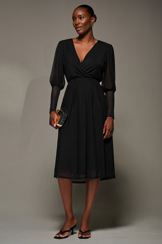 Mesh Long Puff Sleeve Wrap Midi Dress, Black