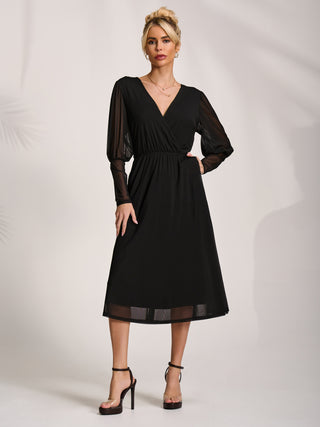 Mesh Long Puff Sleeve Wrap Midi Dress, Black