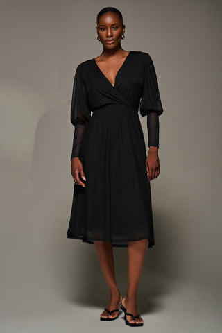 Mesh Long Puff Sleeve Wrap Midi Dress, Black