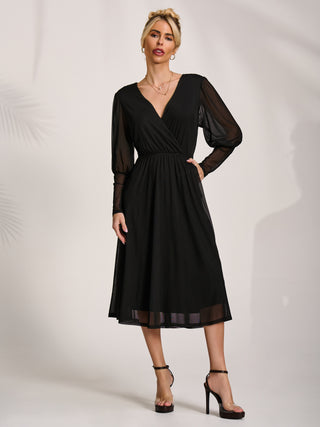 Mesh Long Puff Sleeve Wrap Midi Dress, Black