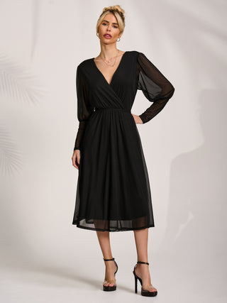 Mesh Long Puff Sleeve Wrap Midi Dress, Black