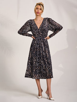 Mesh Long Puff Sleeve Wrap Midi Dress, Brown Tiger