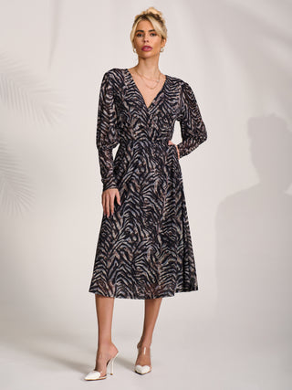 Mesh Long Puff Sleeve Wrap Midi Dress, Brown Tiger