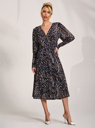 Mesh Long Puff Sleeve Wrap Midi Dress, Brown Tiger