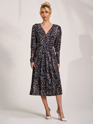Mesh Long Puff Sleeve Wrap Midi Dress, Brown Tiger