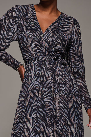 Mesh Long Puff Sleeve Wrap Midi Dress, Brown Tiger