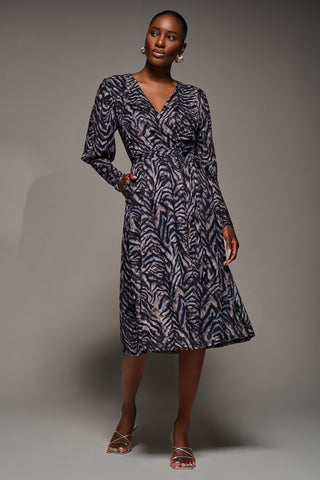 Mesh Long Puff Sleeve Wrap Midi Dress, Brown Tiger