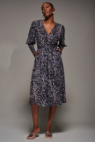 Mesh Long Puff Sleeve Wrap Midi Dress, Brown Tiger