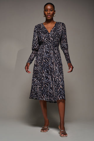 Mesh Long Puff Sleeve Wrap Midi Dress, Brown Tiger