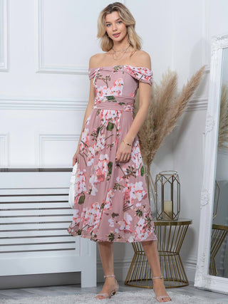 Paula Bardot Neck Mesh Dress, Dusty Pink