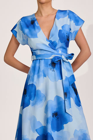 Kimono Sleeve Print Scuba Midi Dress, Blue Floral