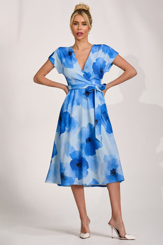 Kimono Sleeve Print Scuba Midi Dress, Blue Floral