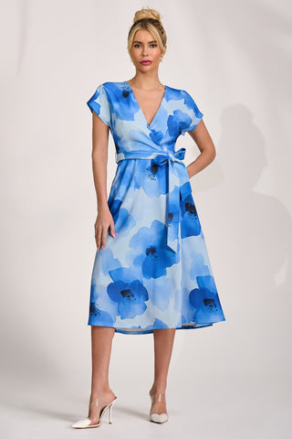 Kimono Sleeve Print Scuba Midi Dress, Blue Floral