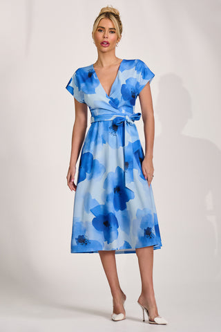 Kimono Sleeve Print Scuba Midi Dress, Blue Floral