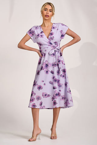 Kimono Sleeve Print Scuba Midi Dress, Pink Floral