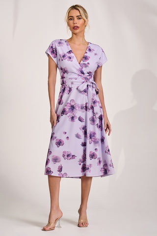 Kimono Sleeve Print Scuba Midi Dress, Pink Floral