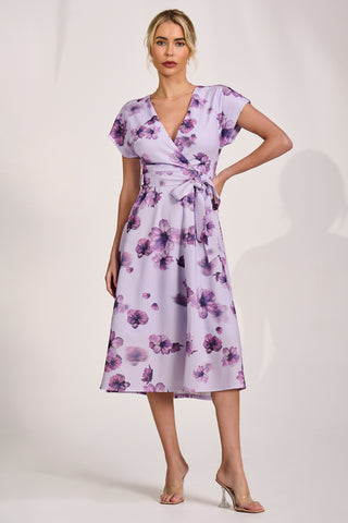 Kimono Sleeve Print Scuba Midi Dress, Pink Floral