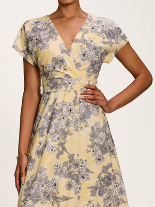 Kimono Sleeve Print Scuba Midi Dress, Yellow Floral