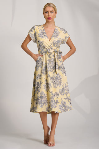 Kimono Sleeve Print Scuba Midi Dress, Yellow Floral