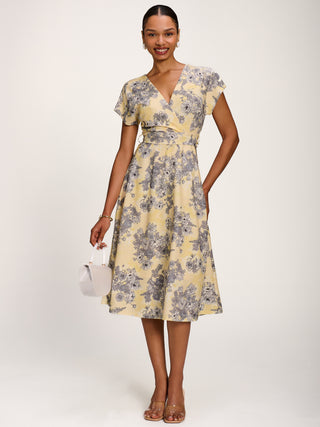 Kimono Sleeve Print Scuba Midi Dress, Yellow Floral