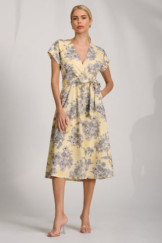 Kimono Sleeve Print Scuba Midi Dress, Yellow Floral
