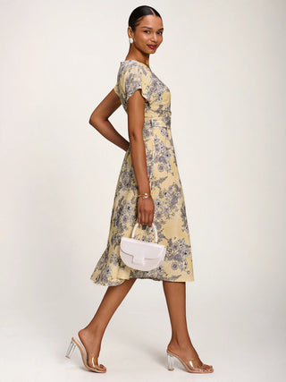 Kimono Sleeve Print Scuba Midi Dress, Yellow Floral